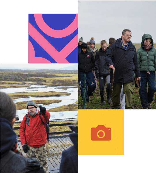A group of people, some with a guide, walk outdoors near a river and marshland; graphic elements overlay part of the image.