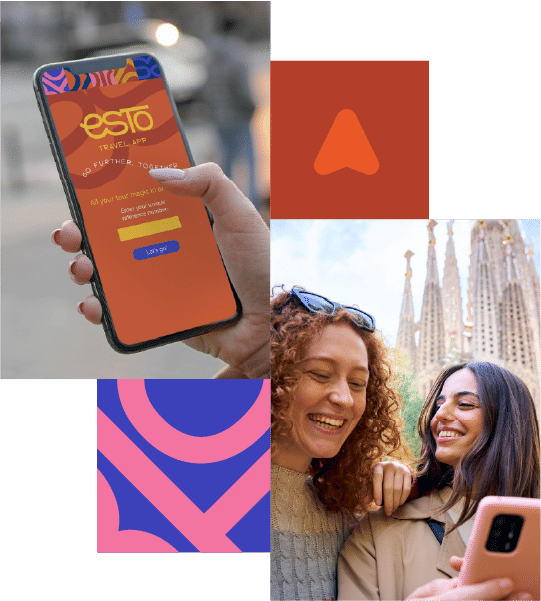 A person holds a mobile phone displaying a travel app. Below, two women smile whilst looking at a phone, with the Sagrada Família in the background. Geometric graphics frame the images.