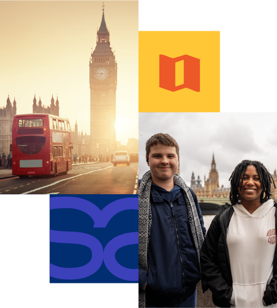 A collage showing Big Ben with a red double-decker bus, two people posing with the same landmark, and two abstract icons on a white background.