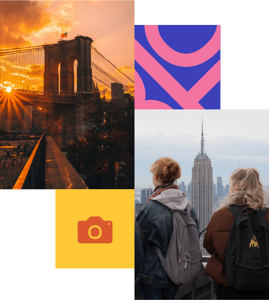 A collage featuring the Brooklyn Bridge at sunset, two people with rucksacks looking at the Empire State Building, and two geometric design elements.