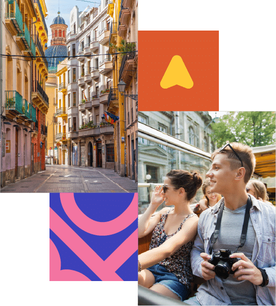 A couple sits on an open-top tour bus with a camera, beside a photo of a colourful European street and two abstract graphic elements.