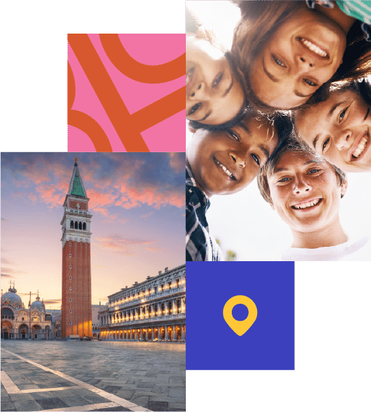 A group of smiling children forming a circle, a colourful geometric design, a plaza with a tall tower at sunset, and a blue square with a yellow location pin icon.