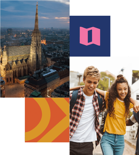 Aerial view of a cathedral at dusk, a pink map icon, an abstract orange pattern, and two smiling teenagers walking together outdoors.