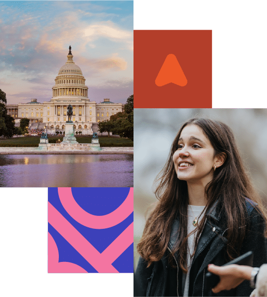 A collage featuring the US Capitol building, a smiling young woman outdoors, and abstract geometric shapes in red and purple.
