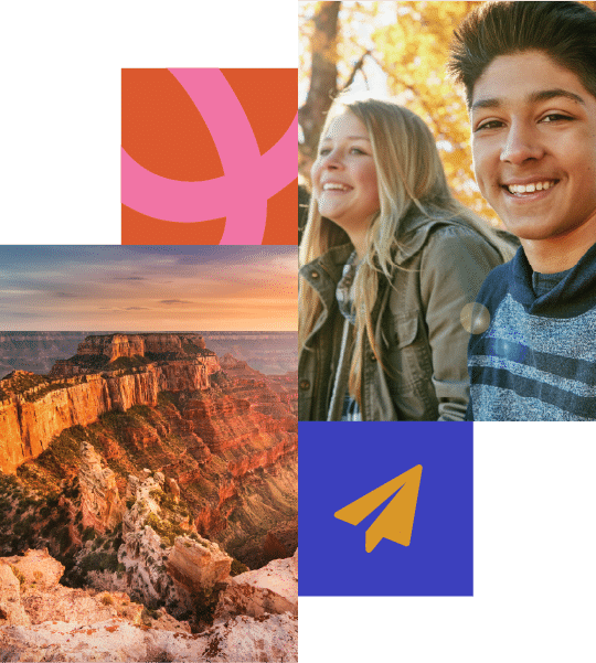 Two smiling teenagers sit outdoors above a collage that features the Grand Canyon, abstract shapes, and a yellow paper aeroplane icon.
