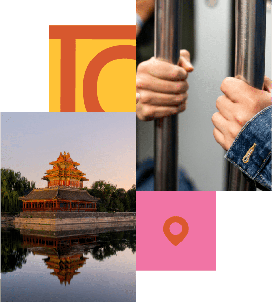 Collage featuring hands gripping prison bars, a traditional Chinese building by water, a pink location pin icon, and a partial geometric design.