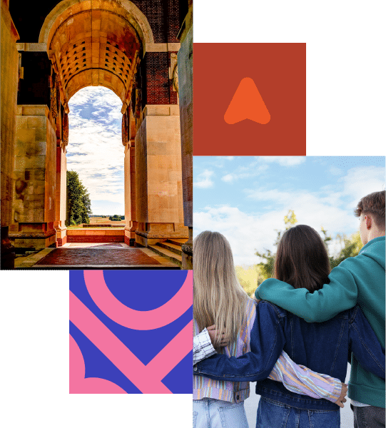 A stone archway opens to a blue sky on the left; on the right, three people stand arm-in-arm below graphic square designs in red and purple.