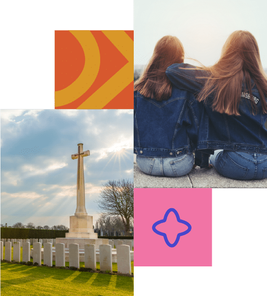 A collage featuring a cemetery with a cross monument, two people sitting close together, and abstract coloured shapes on a white background.