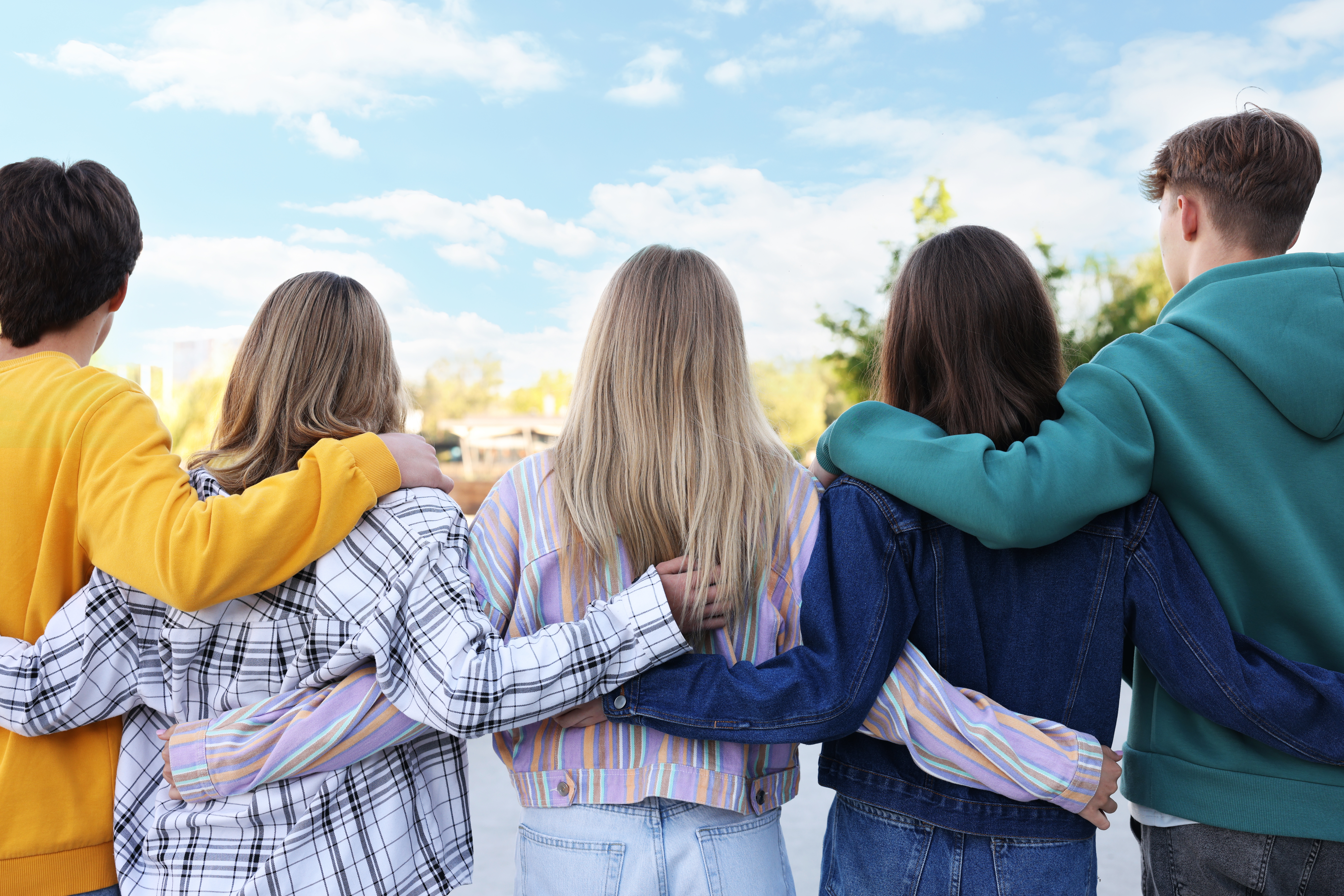 Group of teenagers walking on city street, back view