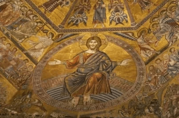 Mosaic ceiling featuring a central robed figure with arms outstretched, surrounded by detailed gold and religious iconography.