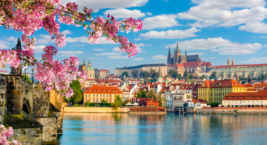 Scenic Prague panorama with Hradcany castle and Vltava river in spring, Czech Republic