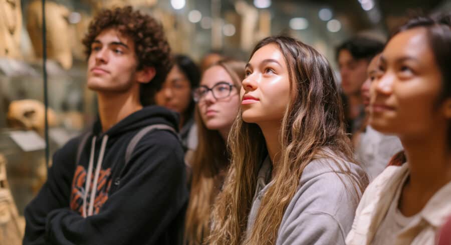 A group of young people stand closely together in a museum, attentively observing artefacts displayed in glass cases.