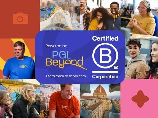 Collage of smiling people in various settings, “Powered by PGL Beyond,” and “Certified B Corporation” logos in the centre, with colourful graphics in the background.
