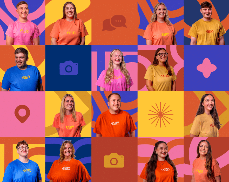 A grid of photos featuring twelve smiling people wearing T-shirts branded with the “esto” logo, interspersed with graphic icons like speech bubbles and cameras on colourful patterned backgrounds.