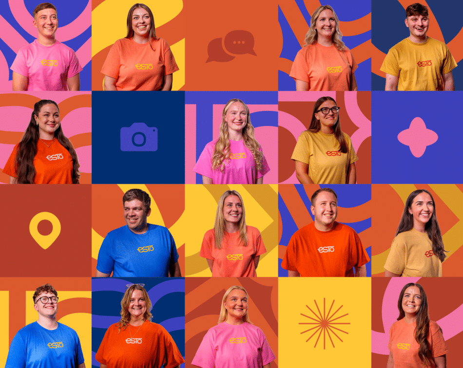 A grid of sixteen portraits of smiling people wearing branded Esto T-shirts, interspersed with icons on colourful patterned backgrounds.