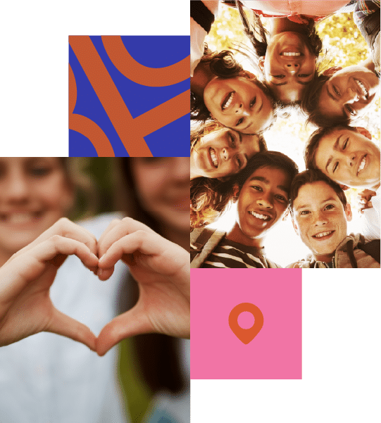 A collage showing young people smiling in a circle with hands forming a heart, an orange abstract pattern, and a pink square with a map pin icon representing SEND.